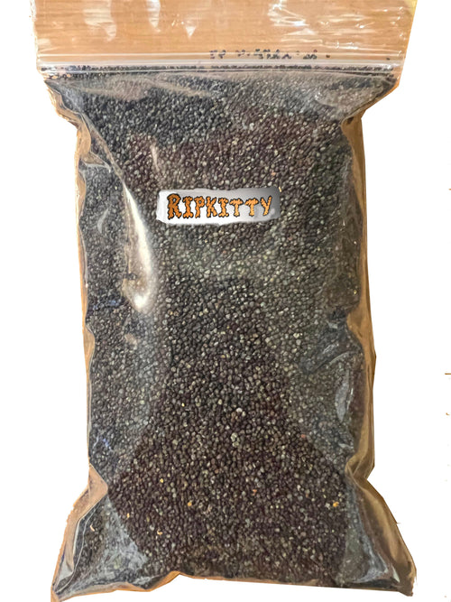 Ripkitty branded resealable clear bag filled with bulk organic culinary poppy seeds, showing dense dark blue-grey seeds through transparent packaging