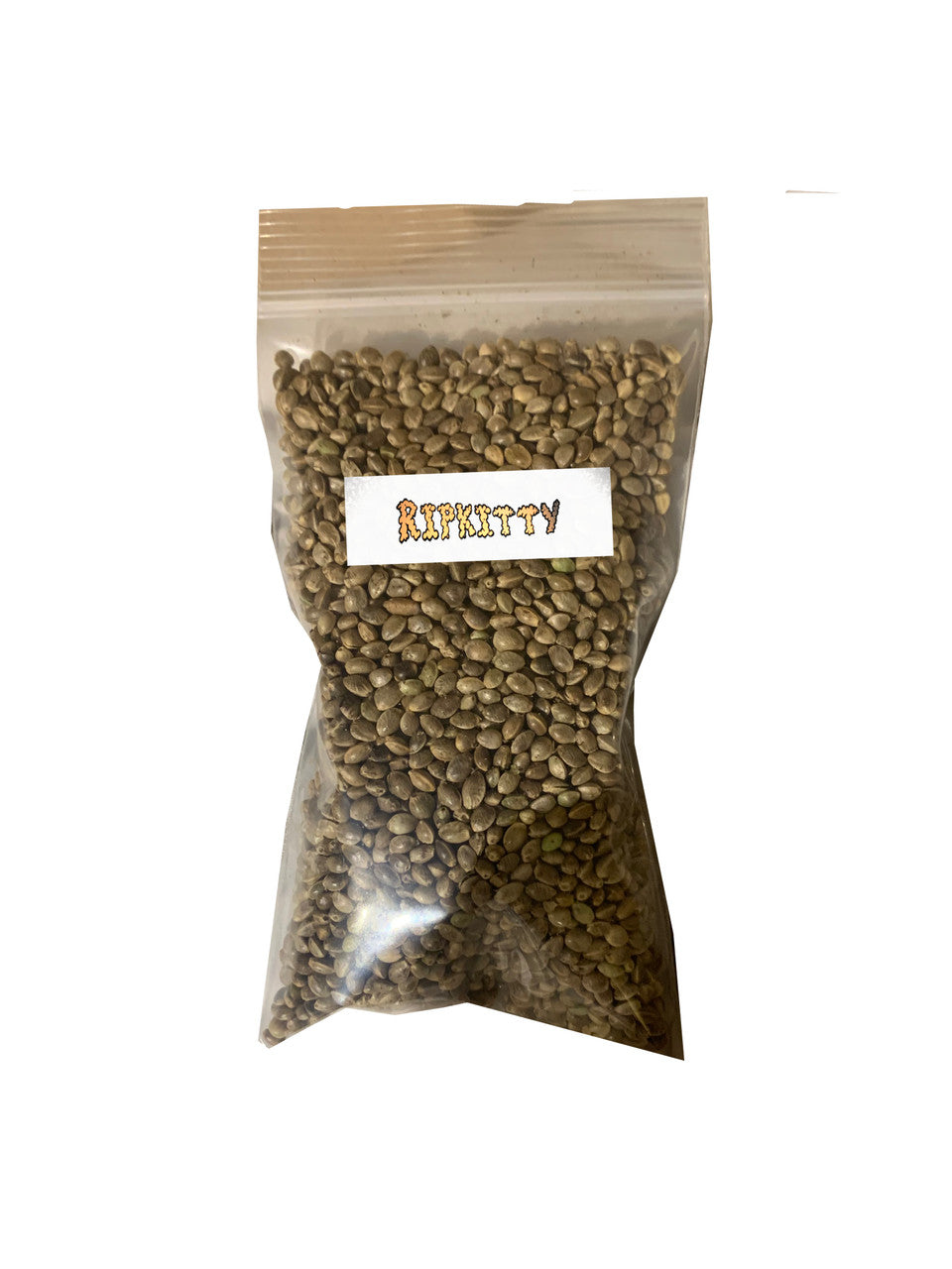 Ripkitty branded resealable clear bag filled with raw whole hemp seeds